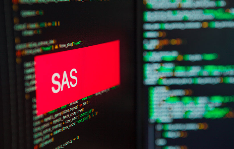 "SAS" in red box on blurred computer screen of code